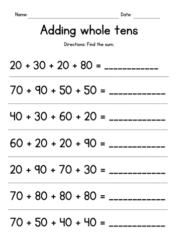Adding Whole Tens (4 addends) Worksheets