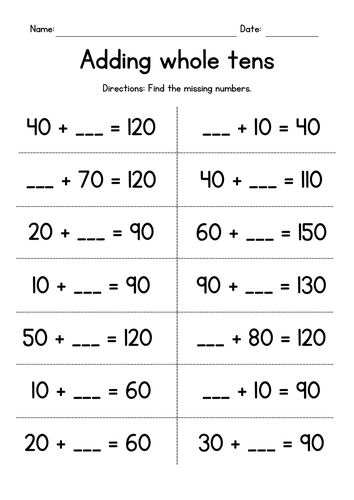 Adding Whole Tens - Missing Numbers Worksheets