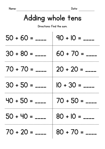 Adding Whole Tens - Addition Worksheets