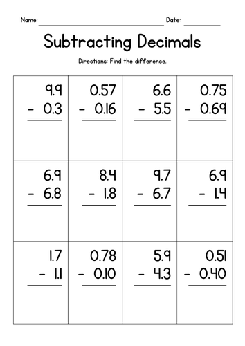 Subtracting Decimals in Columns Worksheets