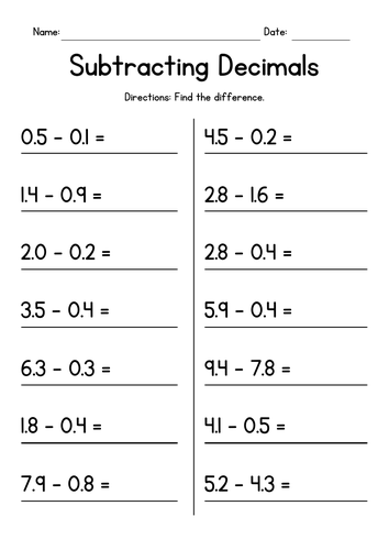 Subtracting Decimals Worksheets | Teaching Resources