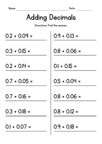 Adding Decimals (1-Digit plus 2-Digit) Worksheets