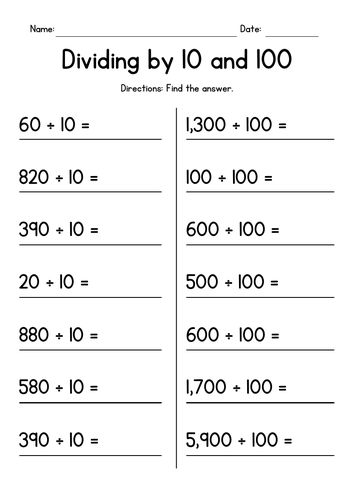 Dividing by 10 and 100 - Division Worksheets