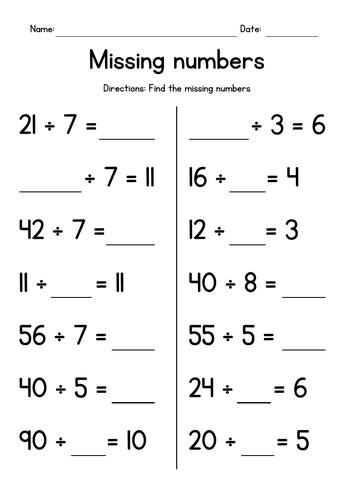 Division Facts - Missing Numbers | Teaching Resources