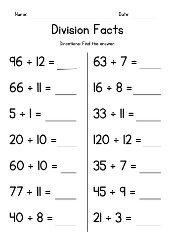 Division Facts Worksheets