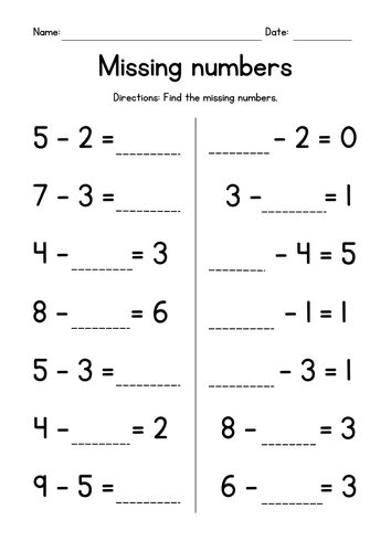 single digit subtraction missing numbers teaching resources