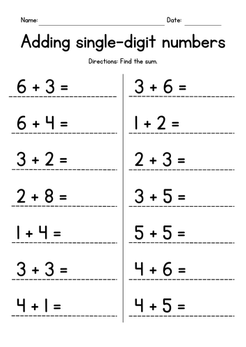 Adding Two Single-Digit Numbers Worksheets