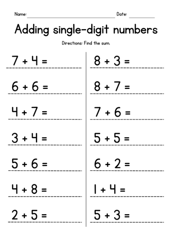 Adding Two Single-Digit Numbers Worksheets