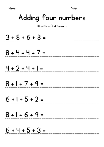 Adding Four Single-Digit Numbers Worksheets