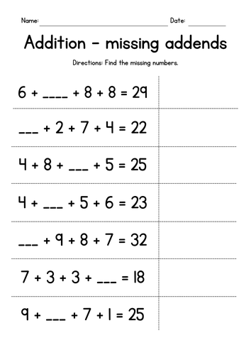 Adding Four Single-Digit Numbers - Missing Numbers