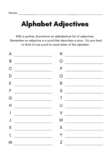 Alphabet Adjectives Worksheet - Printable Template - No Prep