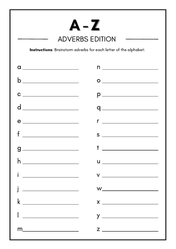 A-Z Vocabulary Worksheets - Nouns, Adverbs, Verbs, Adjectives