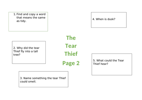 The Tear Thief Mixed Reading Comprehension Questions based on the second page of writing