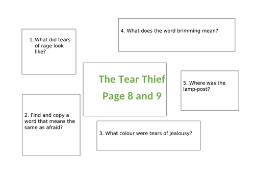 The Tear Thief Mixed Reading Comprehension Questions based on the 8th and 9th page of writing