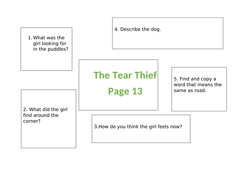 The Tear Thief Mixed Reading Comprehension Questions based on the 13th page of writing