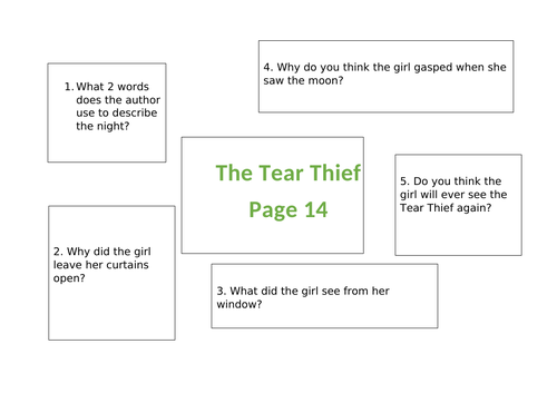 The Tear Thief Mixed Reading Comprehension Questions based on the 14th page of writing