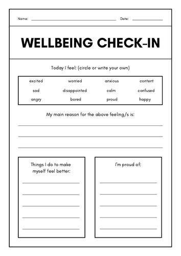 Wellbeing Check-In - Student Reflection Printable Templates