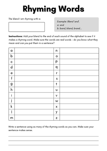 Rhyming Words Worksheet - Printable Template