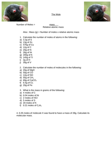 Mole calculations worksheets