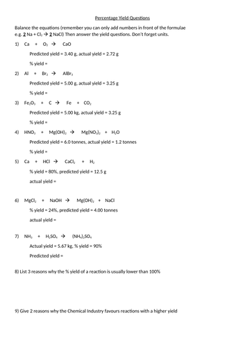 Worksheets on atom economy and % yield