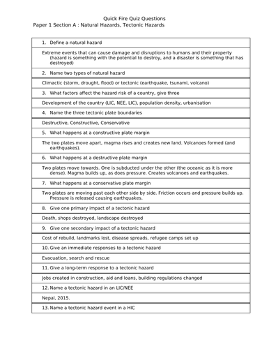 Quick Fire GCSE Revision Questions: Tectonic Hazards