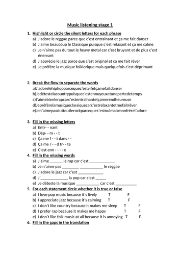 Music listening read aloud sheet