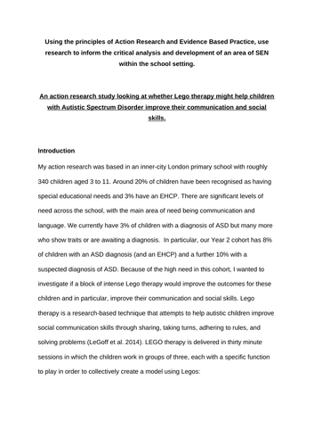 NASENCO Assignment 2 - An action research study looking at Lego therapy and ASD