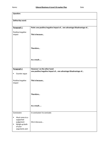 Edexcel A level Business 10 Marker structure plan