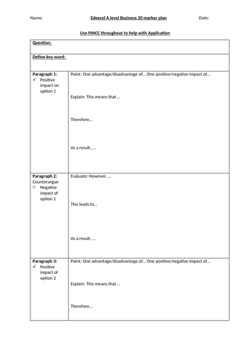 Edexcel A level Business 20 marker structure plan | Teaching Resources