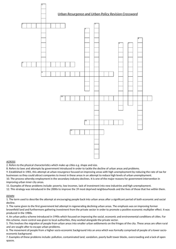 AQA A Level Geography: Urban Resurgence and Urban Policy Revision Crossword
