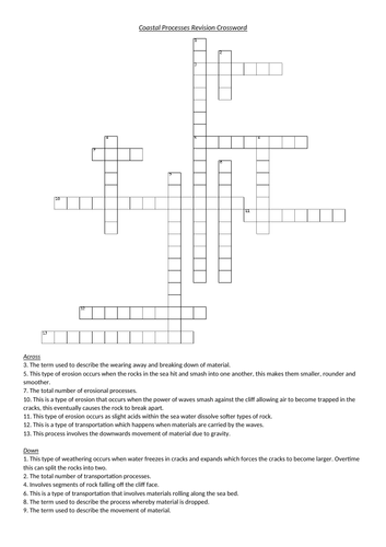 AQA GCSE Geography Revision, Paper 1, Section C: Coastal Processes: Revision Crossword