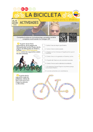 Carlos Vives & Shakira - La Bicicleta - Spanish song worksheet