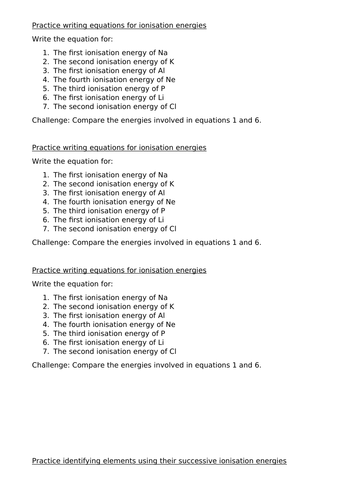 Ionisation energy activities