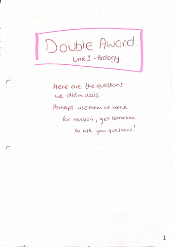 CCEA GCSE Double Award Biology Unit 1 Quick Questions & Answers