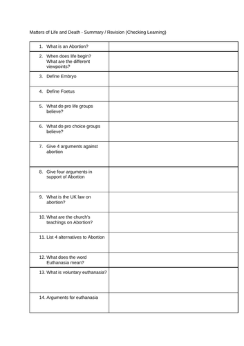 Matters of Life and Death CCEA Revision worksheet