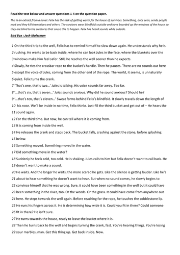 Language Paper 1 AQA, Bird Box Extract (Reading Questions 1-4 included)