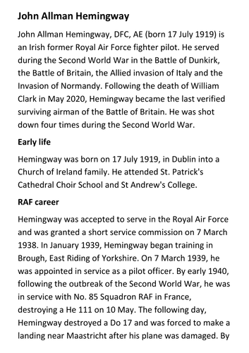 John Allman Hemingway  - Last Battle of Britain Pilot Handout