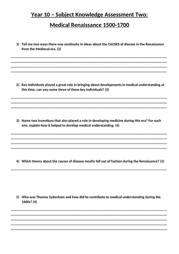 Subject knowledge test Renaissance Medicine GCSE History