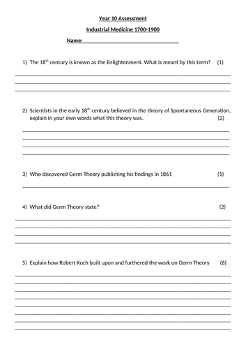 Subject Knowledge test Industrial Medicine 1700-1900 GCSE History