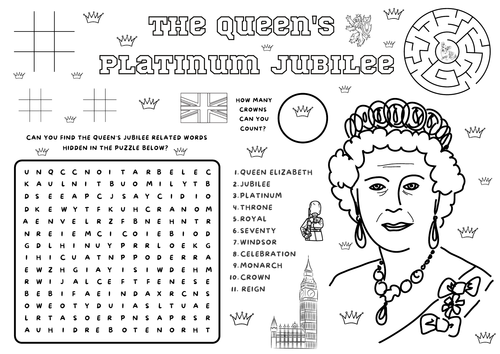 A3 The Queen's Jubilee Colouring Page / Game Activity Sheet. Wordsearch, Tic-Tac-Toe, Maze,