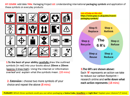 DT Cover Lesson Packaging Symbols & 6Rs. KS3 1 Hr