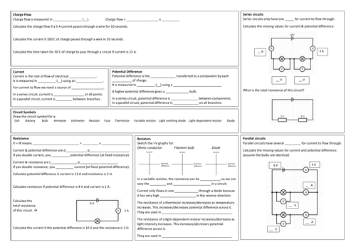 Electricity Revision Summary Sheet (A3) with Answers