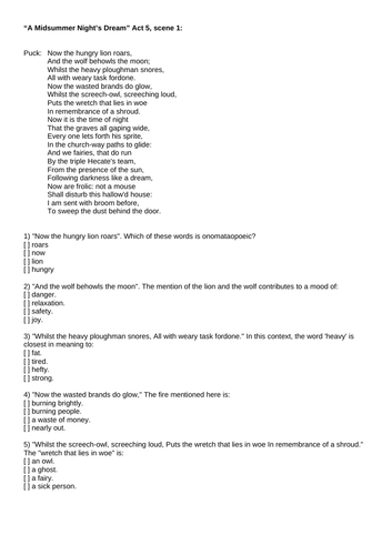 "A Midsummer Night's Dream" Act 5, scene 1, Puck's speech, quiz, pre-reading, hw, flipped, crr