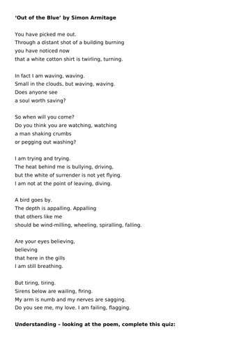 'Out of the Blue' Armitage poem: Lesson S2/Y8