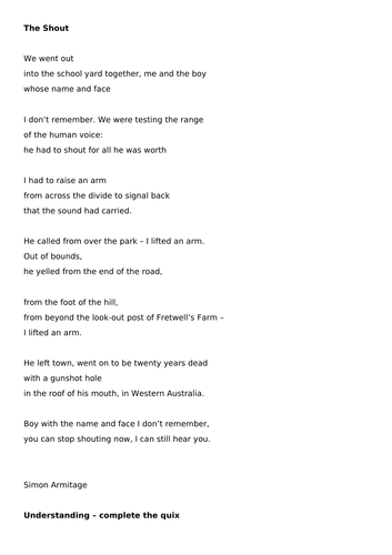'The Shout' Armitage Poem: Lesson S2/3; Y8/9