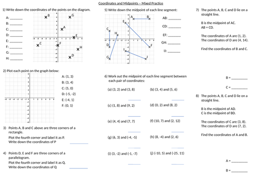 Coordinates and Midpoints Worksheet
