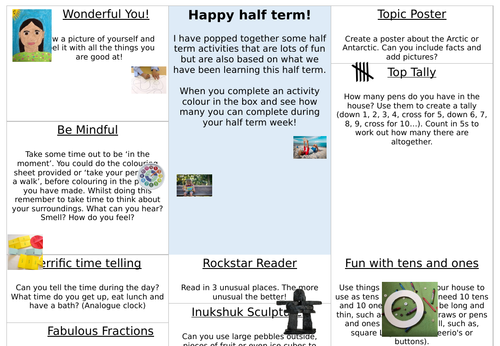 Half term activity template - editable