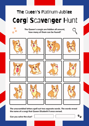The Queen's Jubilee Corgi Scavenger Hunt Game. Fun Find the Clues. Royal Family.