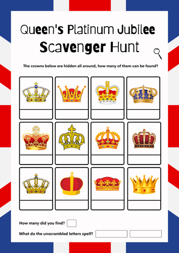 The Queen's Jubilee Crown Scavenger Hunt Game. Fun Find the Clues. Royal Family.