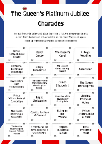 The Queen's Jubilee Royal Charades Game.  X24 Cards. Role Play/ Pictionary. Fun Class Game